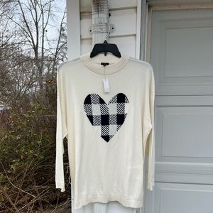 NWT Talbots Fun Cream Black Plaid Woven Hearts High Neck Sweater